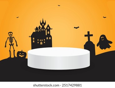 White blank podium for show product with silhouette Halloween theme characters concept on orange background, Vector illustration