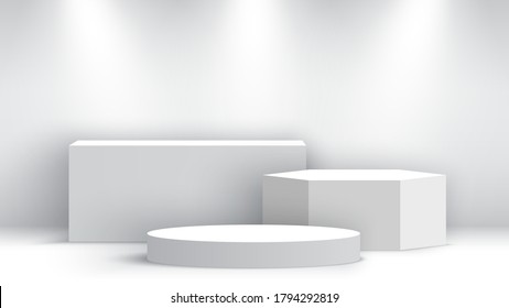 White blank podium with spotlights. Exhibition stand. Pedestal. Scene. Vector illustration.