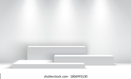 White blank podium with spotlights. Exhibition stand. Pedestal. Scene. Vector illustration.