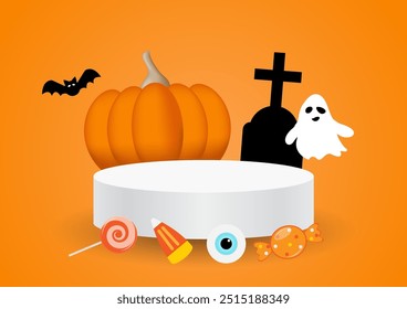 Branco em branco pódio stand para mostrar o produto com abóbora, fantasma, morcego, sepultura em fundo laranja no conceito de tema de Halloween. Ilustração vetorial