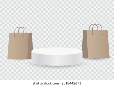 Suporte de pódio branco para mostrar o produto com sacos de compras de papel marrom no fundo transparente, ilustração Vetor
