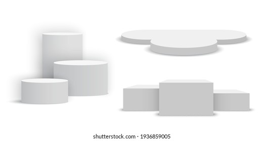 White blank podiums. Set of pedestals. Vector illustration.