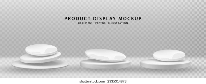 White blank podiums set. Pedestals isolated on transparent background. Platform for advertising, product presentation, mock up, show cosmetic product. Realistic vector
