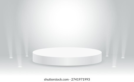White blank podiums stand to show products on white background with lights, Vector illustration.