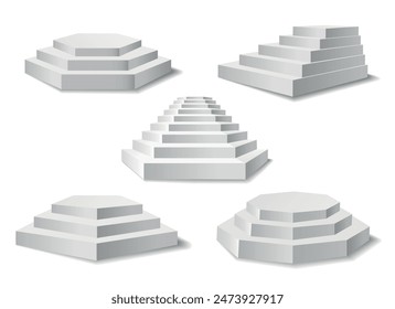 White blank poligonal podiums. 3d realistic pedestals set isolated vector illustration