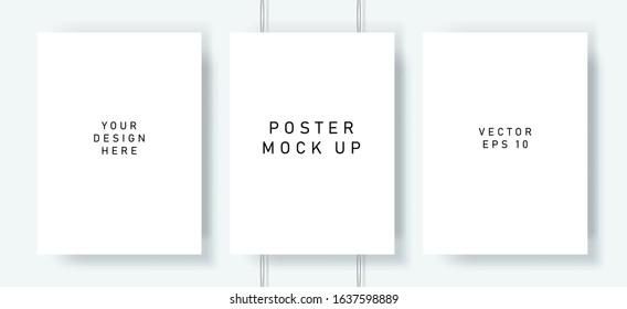 White blank poster with drop shadows hanging on wall. Empty paper sheet on binders, A4 page mockup. Vector illustration