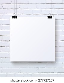 Pieza de póster blanco en la pared de ladrillo blanco, ilustración vectorial