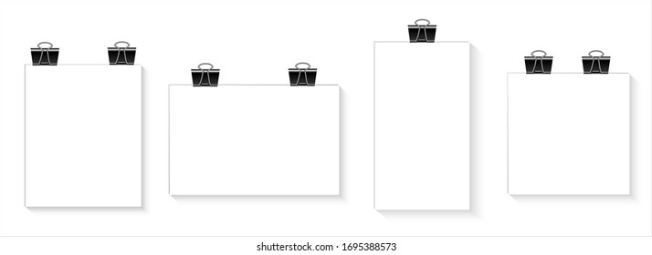 White blank poster template hanging on the wall. Paper banner mockup. Paper clip. Vector
