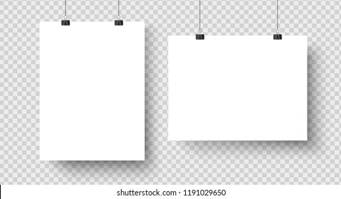 White blank posters hanging on binders. A4 paper page, sheet canvas on wall for exhibition poster template. Vector photo exhibit realistic isolated icons mockup set