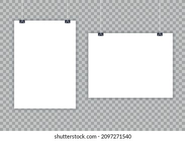 White blank posters hanging on binders. A4 paper page, sheet on wall. Vector mockup set