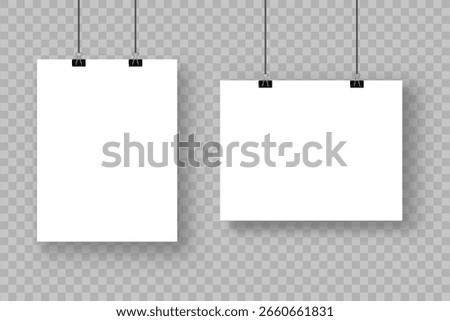 white blank posters hanging on black binders, paper sheet in landscape and portrait format, realistic gallery mockup.