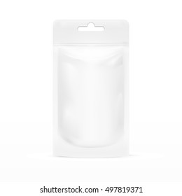 White Blank Pouch With Zipper And Hang Slot. Pack For Sauce, Mayonnaise Or Ketchup. EPS10 Vector