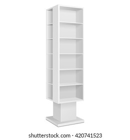 White Blank Quadrilateral Empty Showcase Displays With Retail Shelves Products On White Background Isolated. Ready For Your Design. Product Packing. Vector EPS10