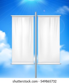 White Blank Realistic Double Pole Banner Advertisement Flag Outdoor With Blue Sunny Cloudy  Sky Background Vector Illustration 