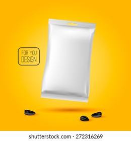 White Blank realistic foil snack pack isolated. Packaging sunflower seeds.