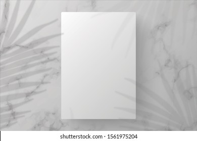 White Blank Rectangle marble template in white background on top view. decorated by shadow leaves. Realistic Vector
