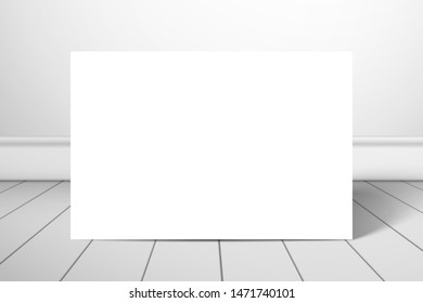 A white blank rectangle or sheet of paper stands near the wall on the boards. Mockup for design with shadow