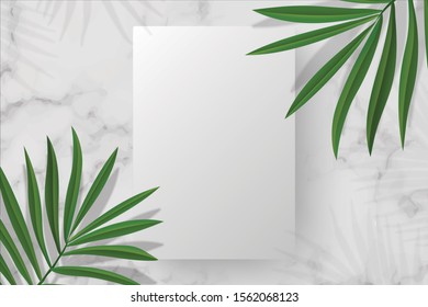 White Blank Rectangle template in white marble background on top view. decor by green palm leaves. Realistic Vector