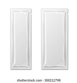 White Blank Retort Foil Packaging Stick Medicine Drugs Or Chewing Gum, Coffee, Salt, Sugar, Spices, Sachet, Sweets, Candy. Isolated Mock Up Template Ready For Your Design. Product Packing Vector EPS10
