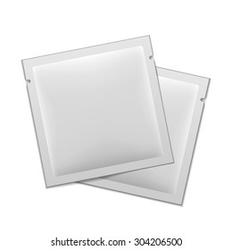 White Blank Retort Foil Packaging Medicine Drugs Or Coffee, Salt, Sugar, Pepper, Spices, Sachet, Sweets, Candy Or Condom. Isolated Mock Up Template Ready For Your Design. Product Packing Vector EPS10