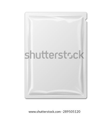 White Blank Retort Foil Packaging Medicine Drugs Or Coffee, Salt, Sugar, Pepper, Spices, Sachet, Sweets, Candy Or Condom. Isolated Mock Up Template Ready For Your Design. Product Packing Vector EPS10