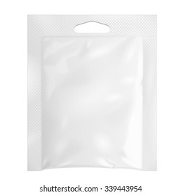 White Blank Retort Foil Pouch Packaging Hang Slot Medicine Drugs Or Coffee, Salt, Sugar, Pepper, Sachet, Sweets Or Condom. Isolated Mock Up Template Ready For Your Design. Product Packing Vector EPS10