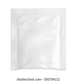 White Blank Retort Foil Pouch Packaging Medicine Drugs Or Coffee, Salt, Sugar, Pepper, Spices, Sachet, Sweets Or Condom. Isolated Mock Up Template Ready For Your Design. Product Packing Vector EPS10