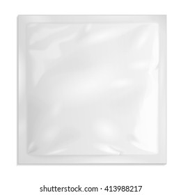 White Blank Retort Foil Pouch Packaging Medicine Drugs Or Coffee, Salt, Sugar, Sachet, Sweets Or Condom. Illustration Isolated On White Background. Mock Up Template Ready For Your Design. Vector EPS10