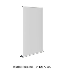 White blank roll-up retractable banner stand realistic vector mock-up. Vertical pop-up roller exhibition display standee mockup. Template for design