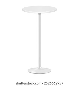 White blank round countertop bar table on single metal leg. Realistic 3d vector mockup. High pedestal chrome base circular counter desk. Mock-up