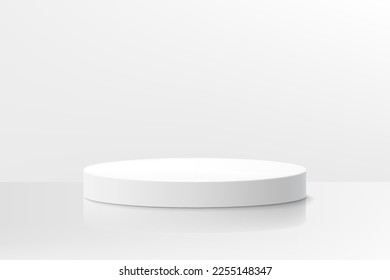 White blank round pedestal or podium on white background. Abstract high quality 3d concept. Platform, Scene. Boxes. Realistic vector illustration. Can be add on banners flyers or web.
