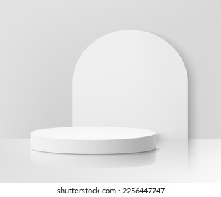 White blank round pedestal or podium with arch gate background, vertical shape. Minimal scene for mockup product display. Realistic 3d Vector geometric forms. Stage for showcase.