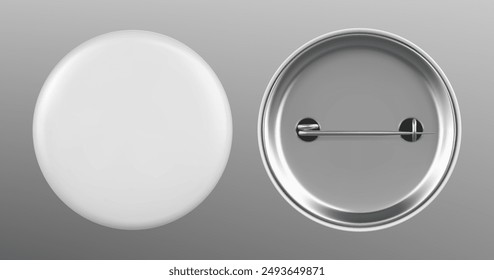 White blank round pin button vector mockup template. 3d realistic promotional metal badge design. Office tag for name mock up. Brooch sign emblem souvenir. Clean merchandise label item graphic