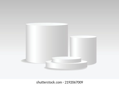 White blank round podiums. Set of pedestals, set of round podiums for product display, cosmetic product display placement 3D Vector illustration