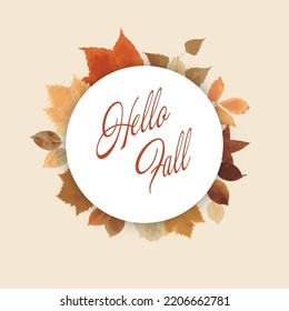 White blank round sign with autumn leaves on a sand beige background, seasonal background, vector illustration