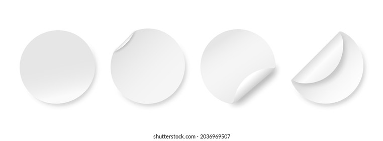 White blank round stickers. Curved corner circle label, wrapped mockup. Post tags, realistic curl edge paper sheet mockup exact vector template