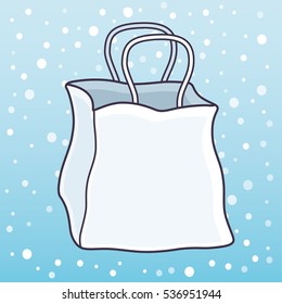White blank sale shopping bag template on a winter holidays snow background.