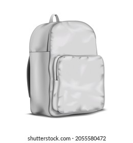 White blank school backpack, realistic vector mockup. Travel bag isolated on white background, mock-up. Template for design