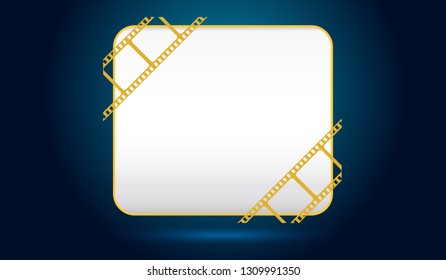 White blank screen with film strip frame isolated on blue background. Design template cinema with space for your text. Movie time at the cinema concept. 3d isometric style. EPS 10 Vector illustration