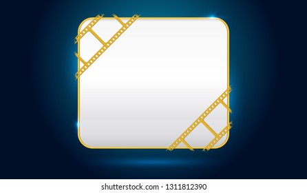 White blank screen with film strip frame isolated on blue background. Design template cinema with space for your text. Vector cinema festival poster, flyer background. Cinema concept. 3d style. EPS 10