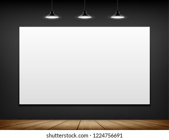 White blank screen on the wall. Illuminated lanterns. Template for presentation. Vector illustration.