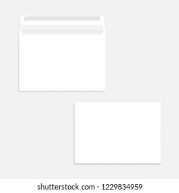 White blank self seal C5 envelope, realistic mockup. Front and back. Open and closed. Vector mock-up.