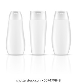 White blank shampoo bottles cosmetic container packages vector mockups. Realistic product for care health and clean body illustration