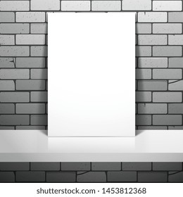 A white blank sheet of paper or card stands near the brick wall on the shelf. Mockup for design with shadow