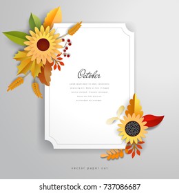 White blank sheet of paper or a card with a figured edge and autumn composition with sunflowers and leaves on corners. Mockup for design 