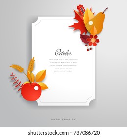 White blank sheet of paper or a card with a figured edge and autumn leaves, pear, apple and berries on corners. Mockup for design 