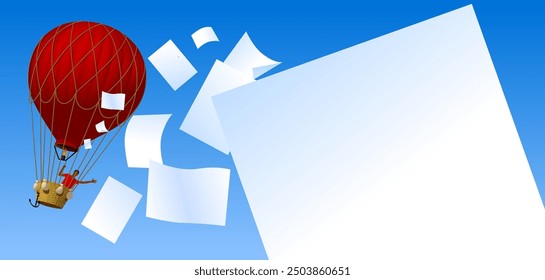 A white blank sheet of paper in close-up against the background of the sky and a red flying balloon from which a person throws paper flyers. Vector illustration in 3d style