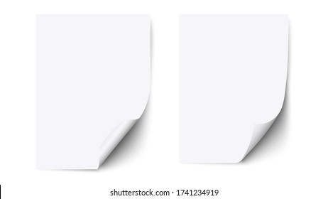 White blank sheet paper with curled corner and shadow, paper mockups. Realistic A4 blank bent template isolated on white. Vector set