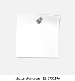 White blank sheet of paper with drawing pin. Important note with thumbtack. Memo sticker. Check list. Vector mock-up.