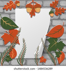 White blank sheet of paper on brick background with autumn leaves. Nature and urban fall template for design banner, ticket, leaflet, card, poster and so on. Vector illustration.